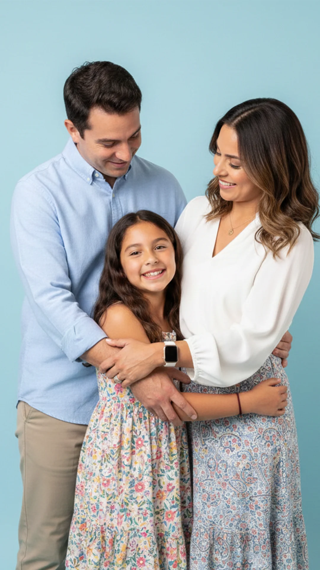 Familia de padre, madre e hija se abrazan en un momento feliz