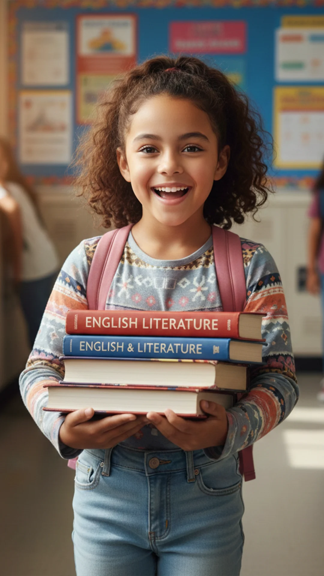 Niña feliz lleva libros de inglés por el pasillo de la escuela