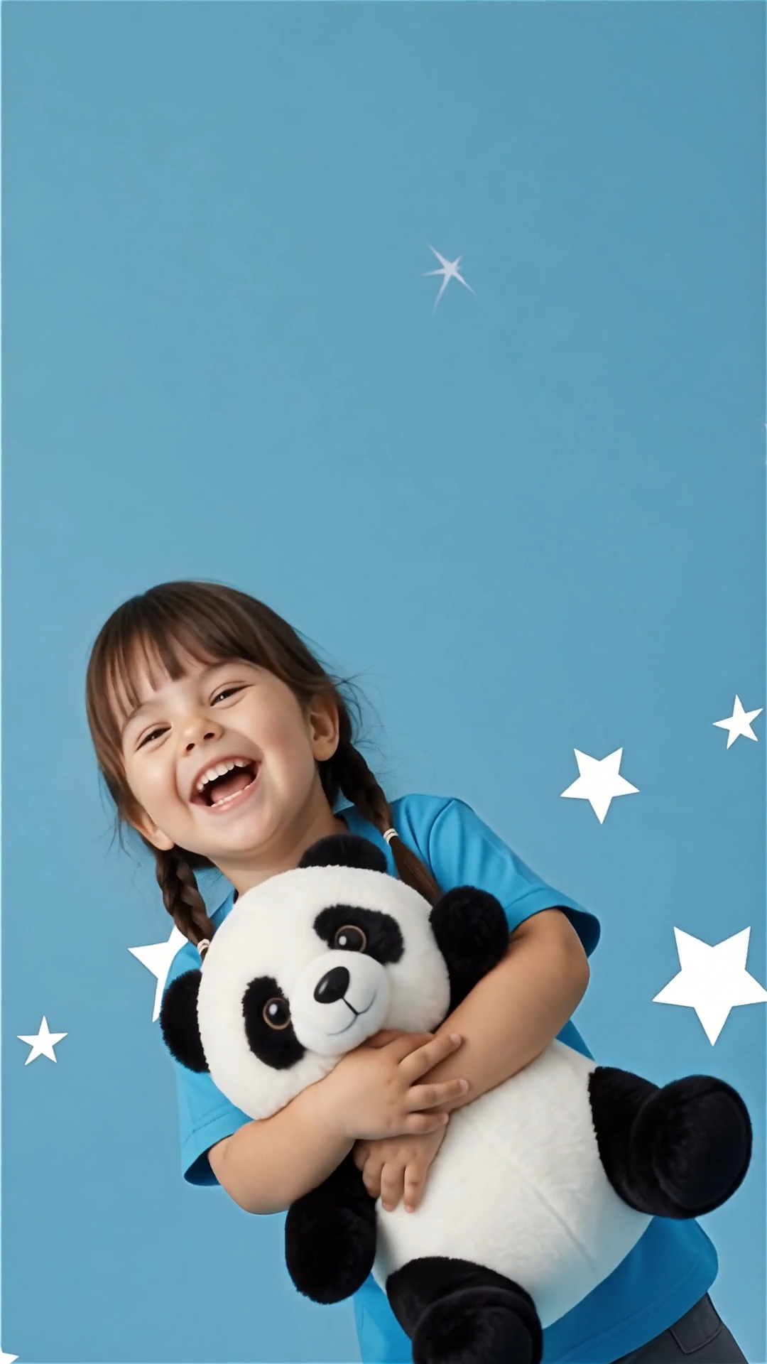 Niña contenta abraza un oso de peluche con fondo celeste con estrellas